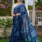 Indigo block-printed elegance on Linen saree, with breezy charm and heritage soul
