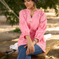 Blushing Pink Cotton Slub Collared Top with Hand Embroidered Florals & Elegant Gathered Dolman Sleeves
