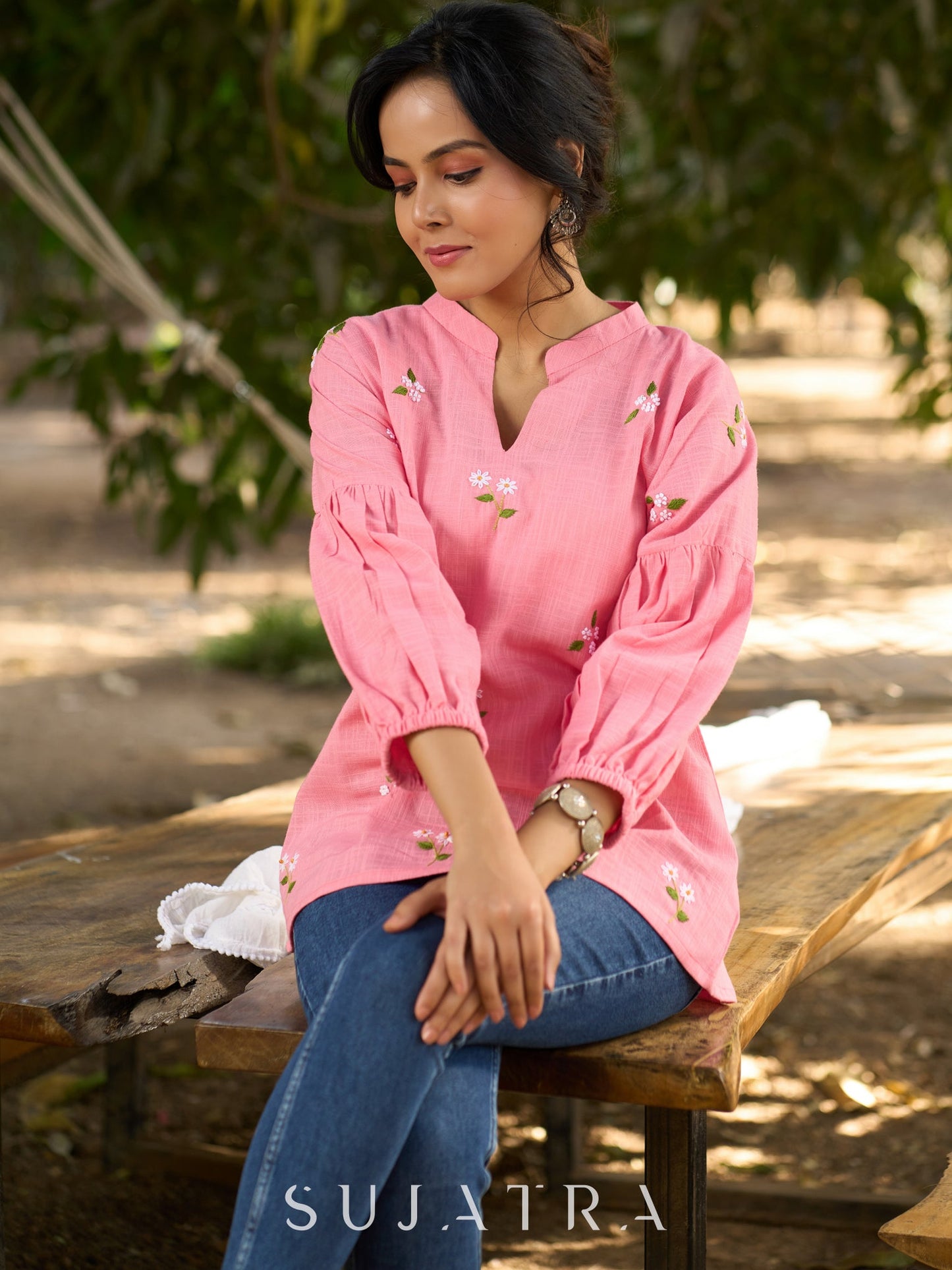 Blushing Pink Cotton Slub Collared Top with Hand Embroidered Florals & Elegant Gathered Dolman Sleeves