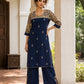 Elegant Navy Blue Cotton Kurta with Madhubani Print Yoke, Contrast Sleeves & Gold Embroidered Booti Detailing