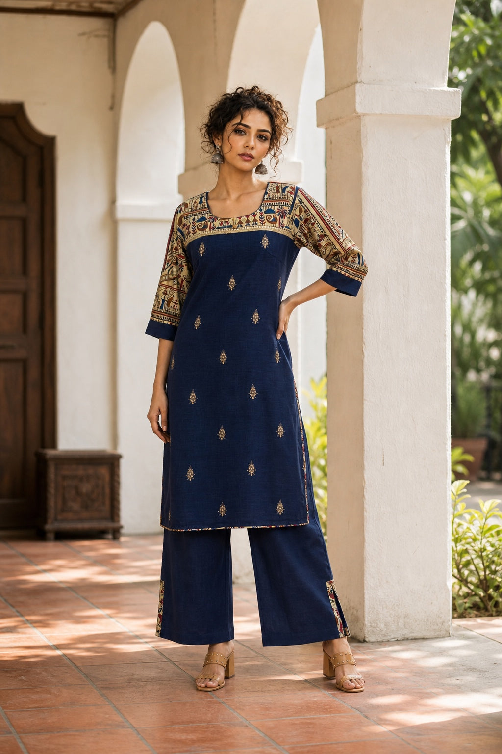 Elegant Navy Blue Cotton Kurta with Madhubani Print Yoke, Contrast Sleeves & Gold Embroidered Booti Detailing