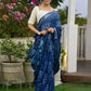 Indigo block-printed elegance on Linen saree, with breezy charm and heritage soul