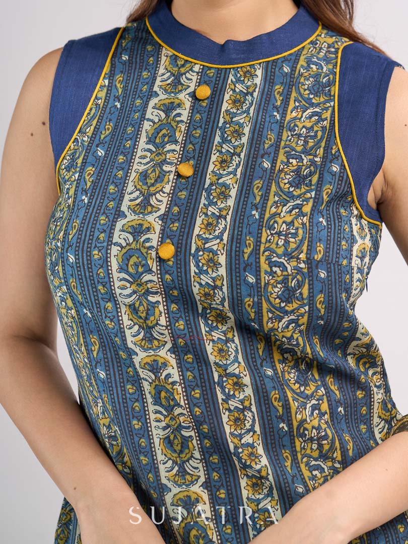 Indigo Halter Neck Cotton Designer Top with Ethnic Stripe Pattern & Mustard Accents