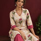 Ivory floral printed kurta with pink and green flowers, a V-neck, and contrasting pink cuffs.