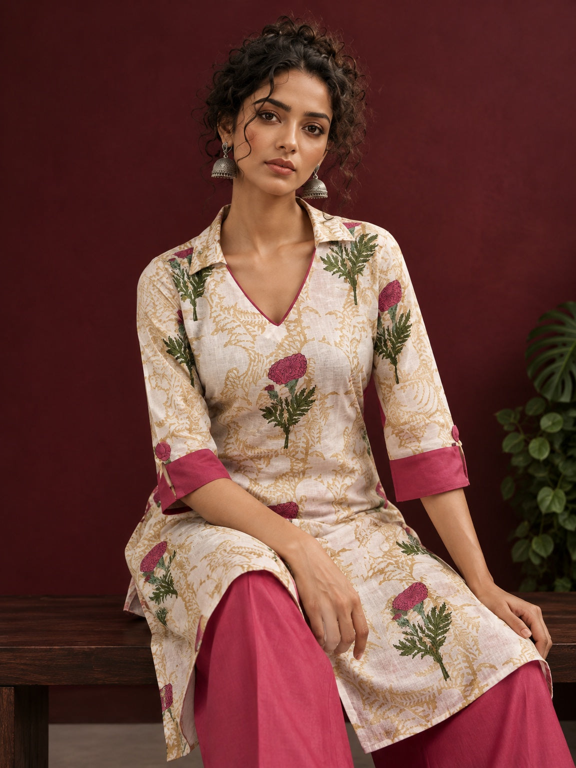 Ivory floral printed kurta with pink and green flowers, a V-neck, and contrasting pink cuffs.