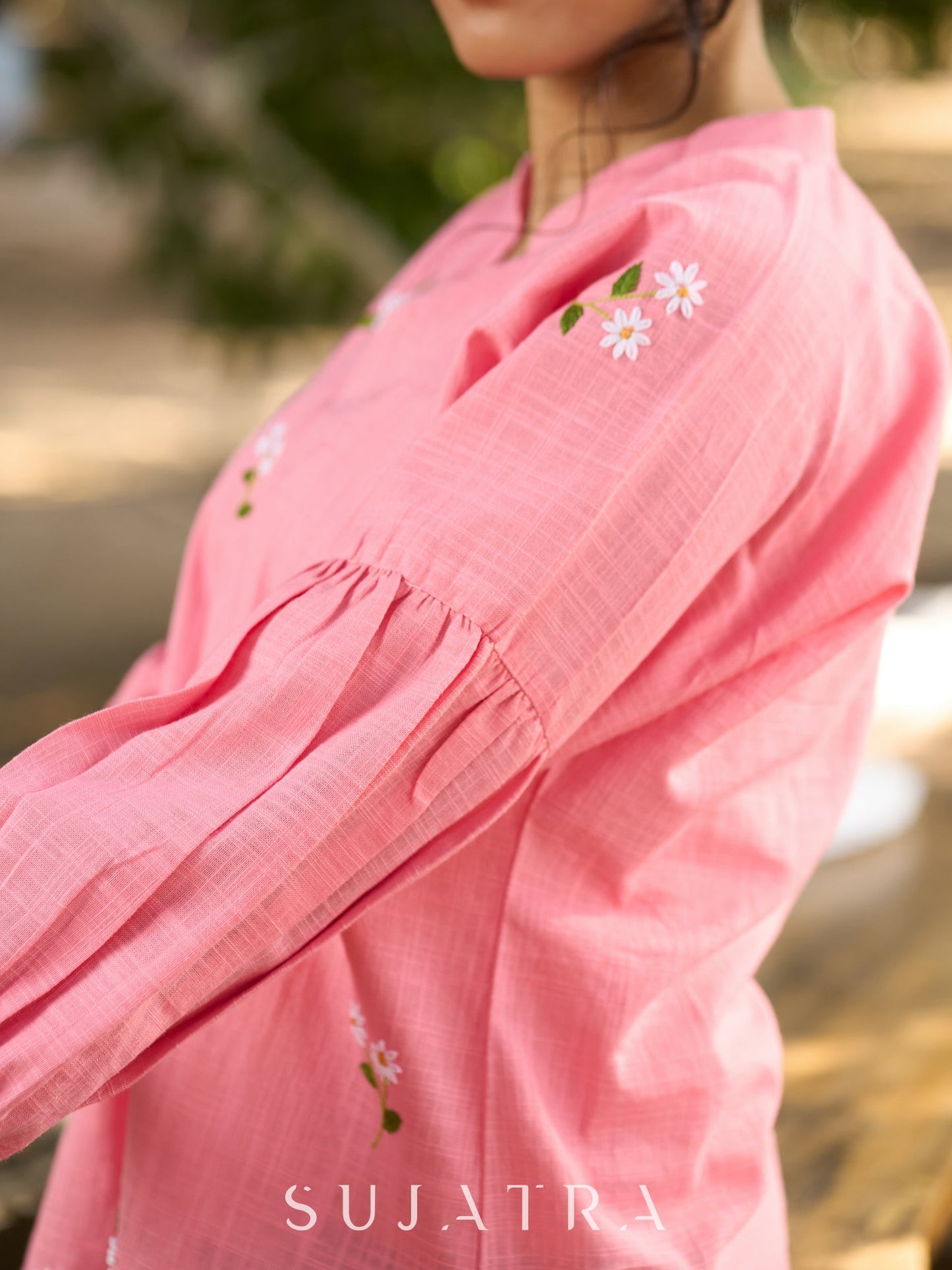 Blushing Pink Cotton Slub Collared Top with Hand Embroidered Florals & Elegant Gathered Dolman Sleeves