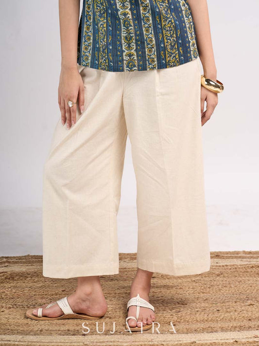 Off White Cotton Flex Front Pleated Pant
