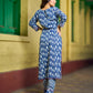Deep Indigo Kurta with Playful Fish Print, Sculpted Neckline and Magenta Embroidery Accents