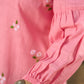 Blushing Pink Cotton Slub Collared Top with Hand Embroidered Florals & Elegant Gathered Dolman Sleeves