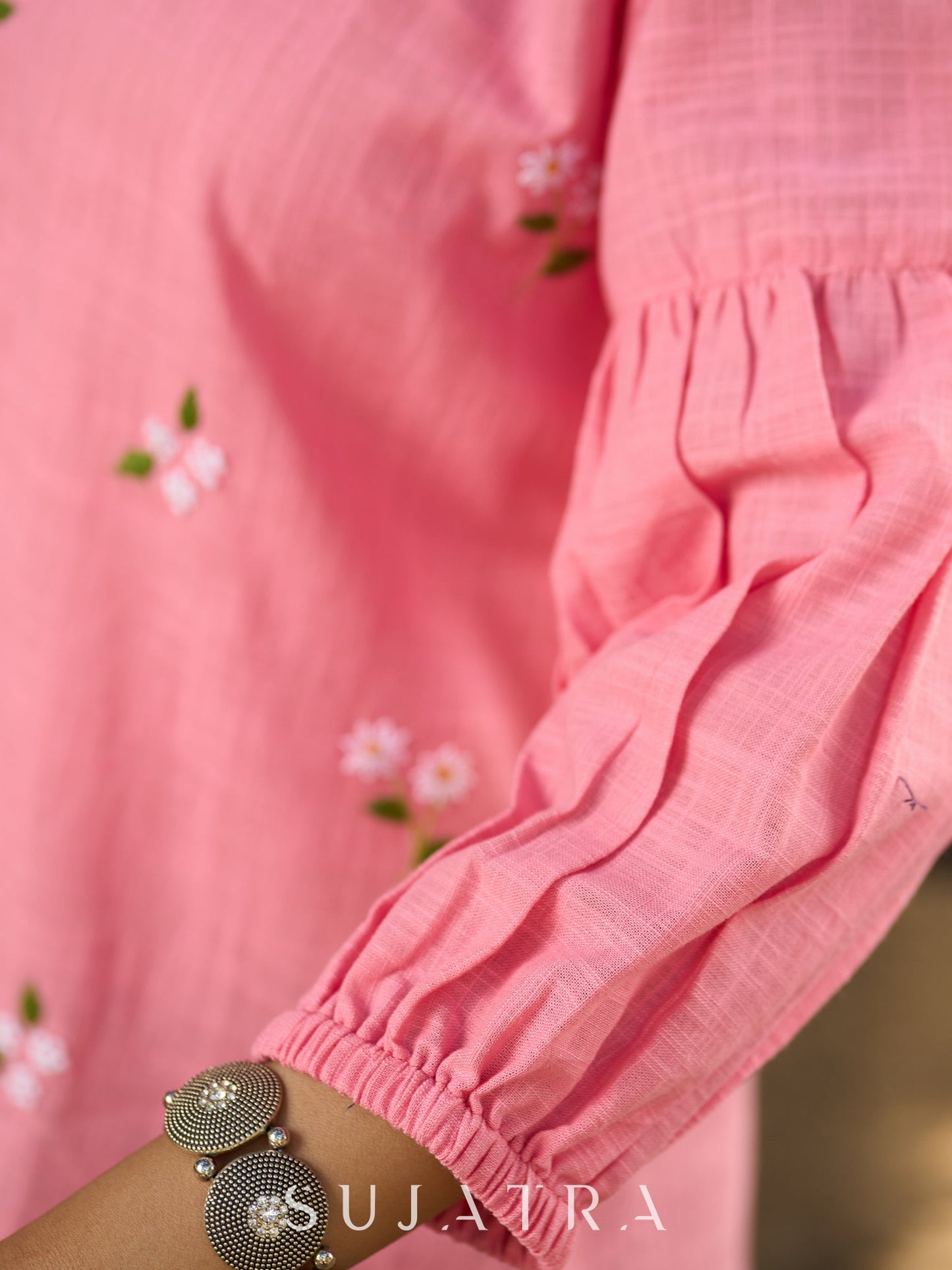 Blushing Pink Cotton Slub Collared Top with Hand Embroidered Florals & Elegant Gathered Dolman Sleeves