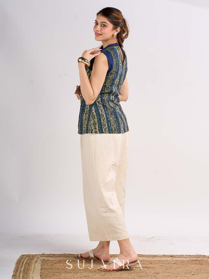 Indigo Halter Neck Cotton Designer Top with Ethnic Stripe Pattern & Mustard Accents