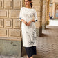 Classic White Cotton Kurta Featuring Black Leaf Vine Embroidery & Printed Sleeve Detail