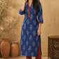 Navy Blue Ajrakh Printed Cotton Kurta with Floral Motifs and Contrast Collar