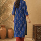 Navy Blue Ajrakh Printed Cotton Kurta with Floral Motifs and Contrast Collar