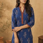 Navy Blue Ajrakh Printed Cotton Kurta with Floral Motifs and Contrast Collar