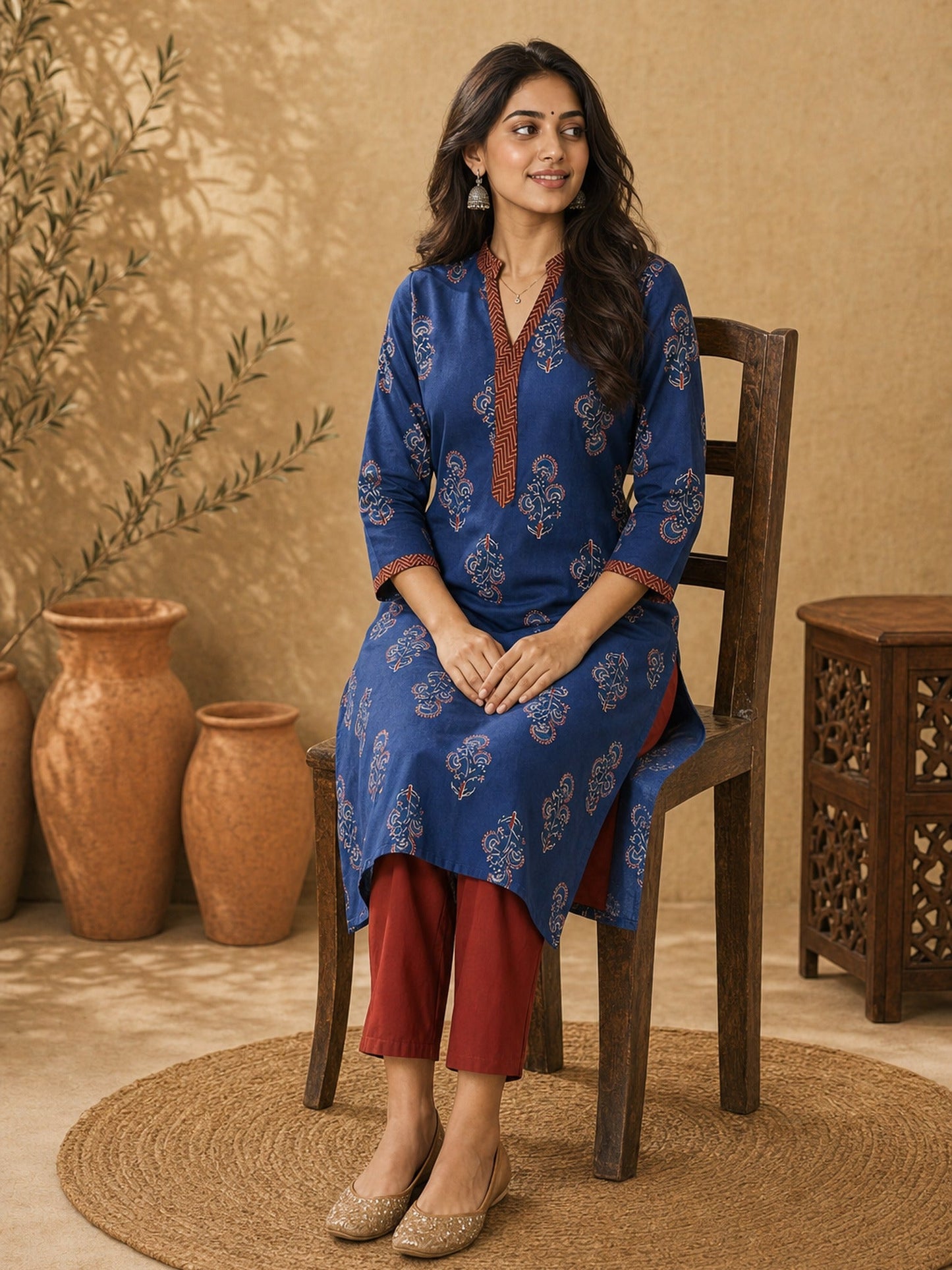 Navy Blue Ajrakh Printed Cotton Kurta with Floral Motifs and Contrast Collar