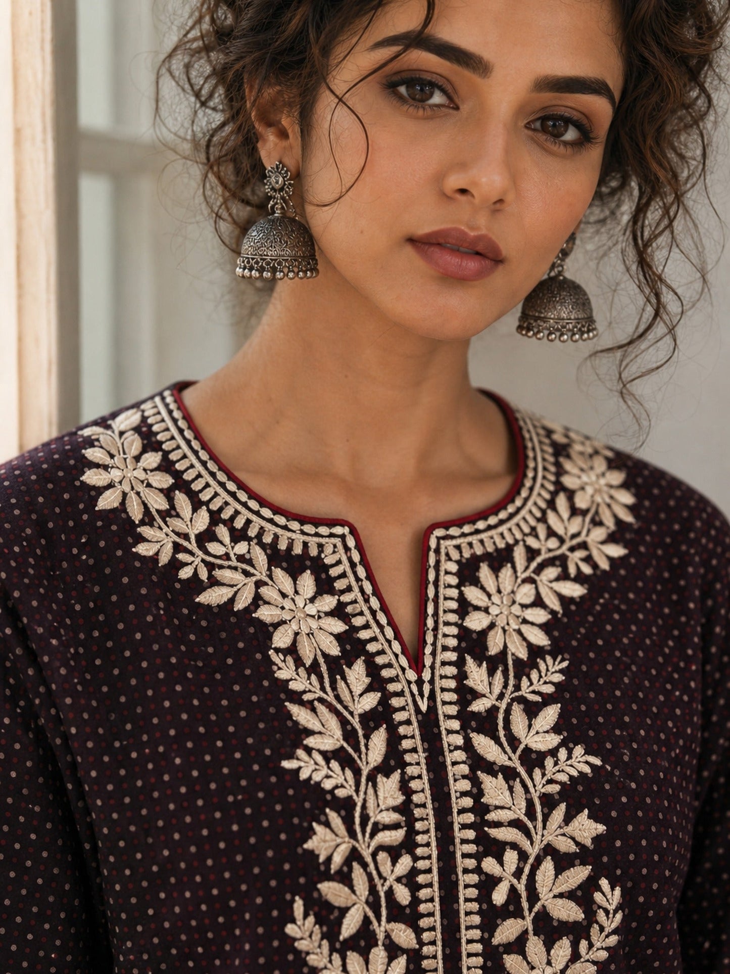 Timeless Black Ajrakh Polka Dot Cotton Kurta with Embroidered Floral Neckline