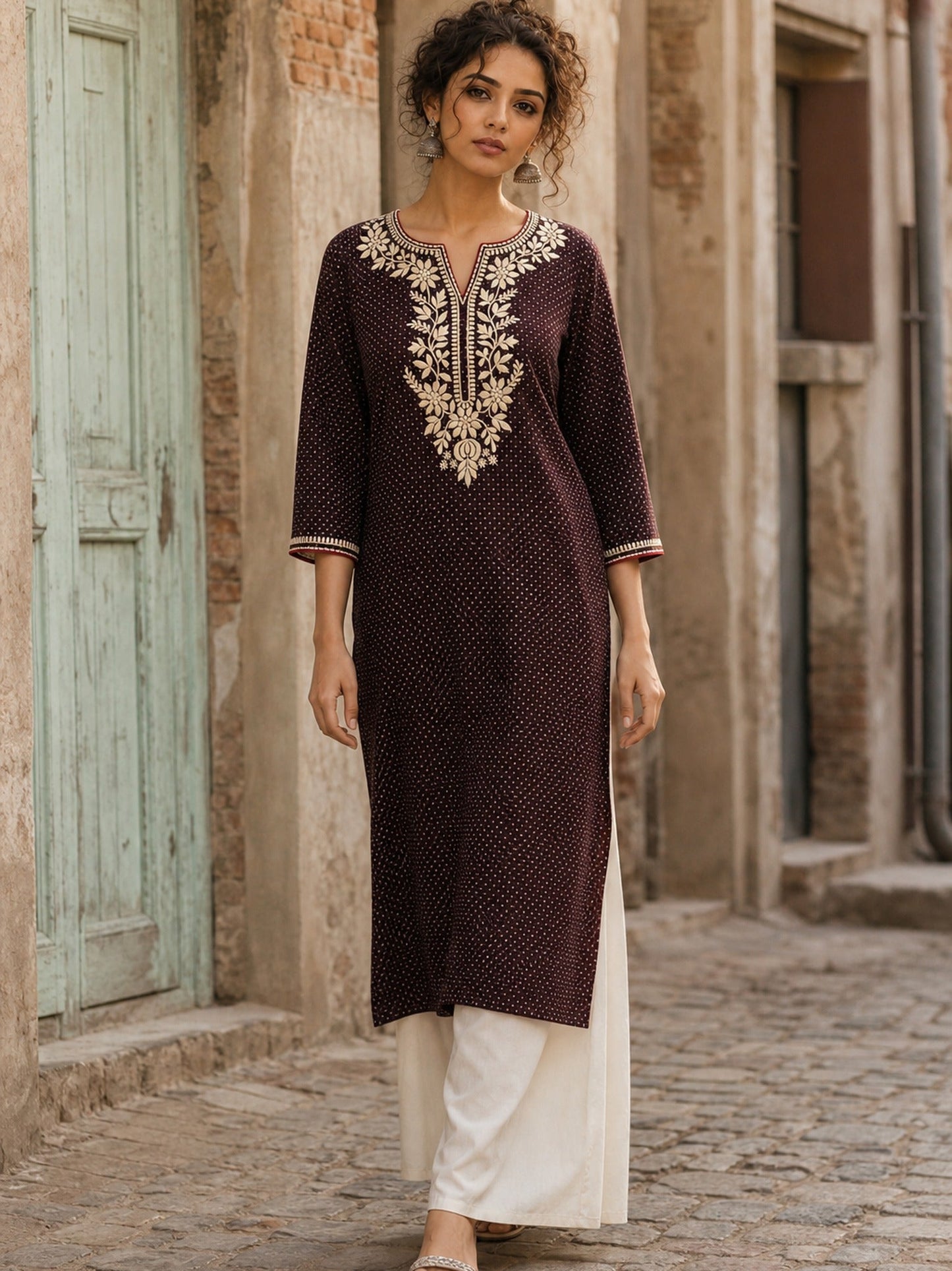 Timeless Black Ajrakh Polka Dot Cotton Kurta with Embroidered Floral Neckline