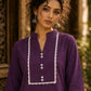 Deep Purple Kurta with White Crochet Lace Yoke Border & Sleeve Cuff Detail