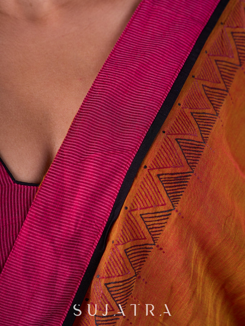 Autumn Rust Mul Cotton Saree with Pink Striped Border, Delicate Black Detailing & Tassel Highlights