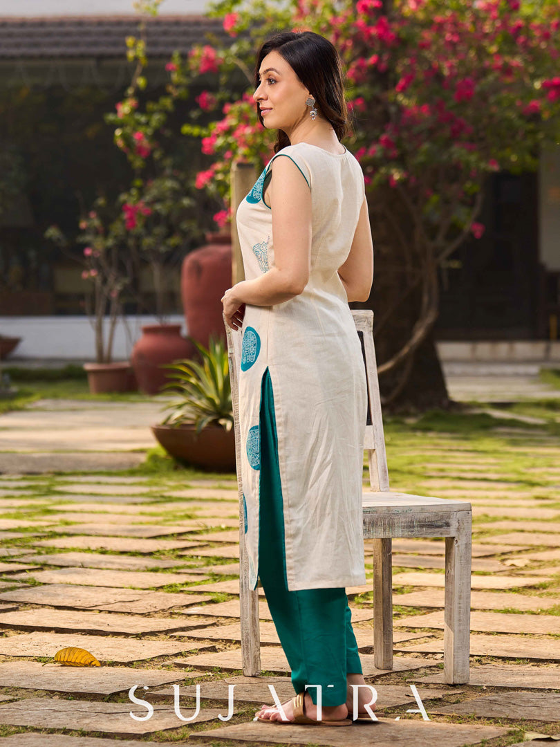 Minimal Off-White Cotton Kurta featuring Teal Hand Block Elephant Motifs