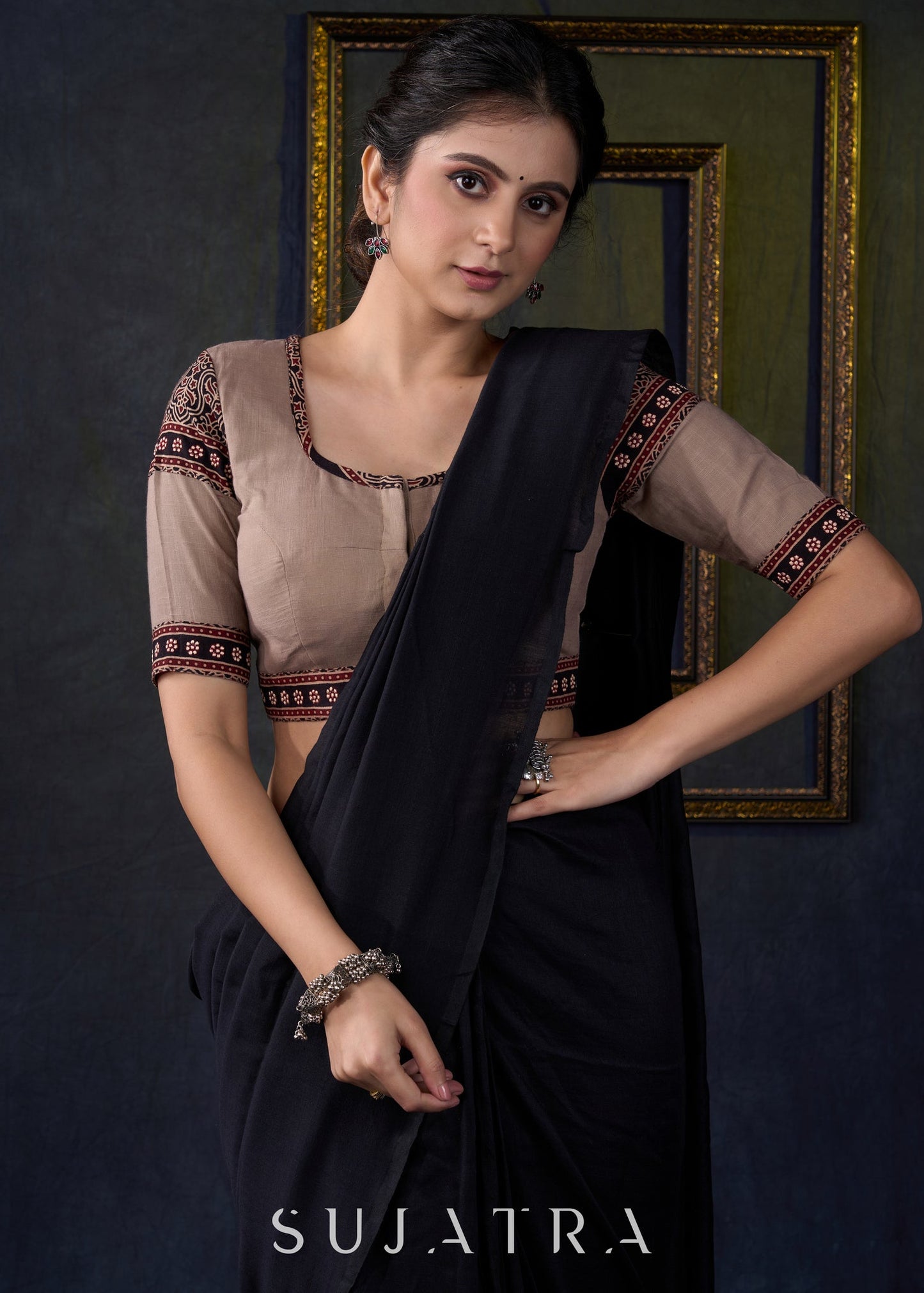 Embroidered Cotton Ajrakh Combination Blouse