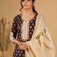 (3 piece Set) Artisan Noir Kurta Set with Intricate Appliqué & Kantha Work Silk Dupatta