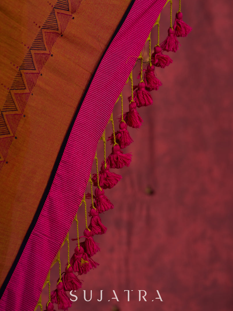 Autumn Rust Mul Cotton Saree with Pink Striped Border, Delicate Black Detailing & Tassel Highlights