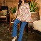 Petal Mist Mul Cotton Flared Top in White with Pearled V Neckline