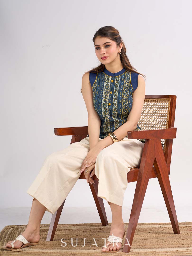 Indigo Halter Neck Cotton Designer Top with Ethnic Stripe Pattern & Mustard Accents
