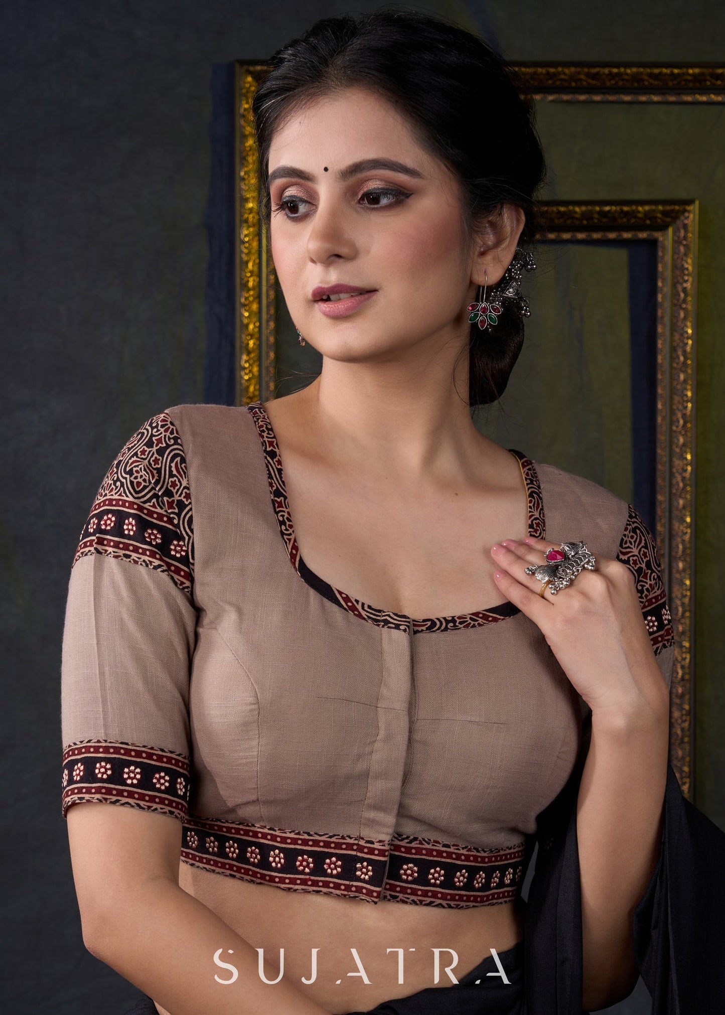 Embroidered Cotton Ajrakh Combination Blouse