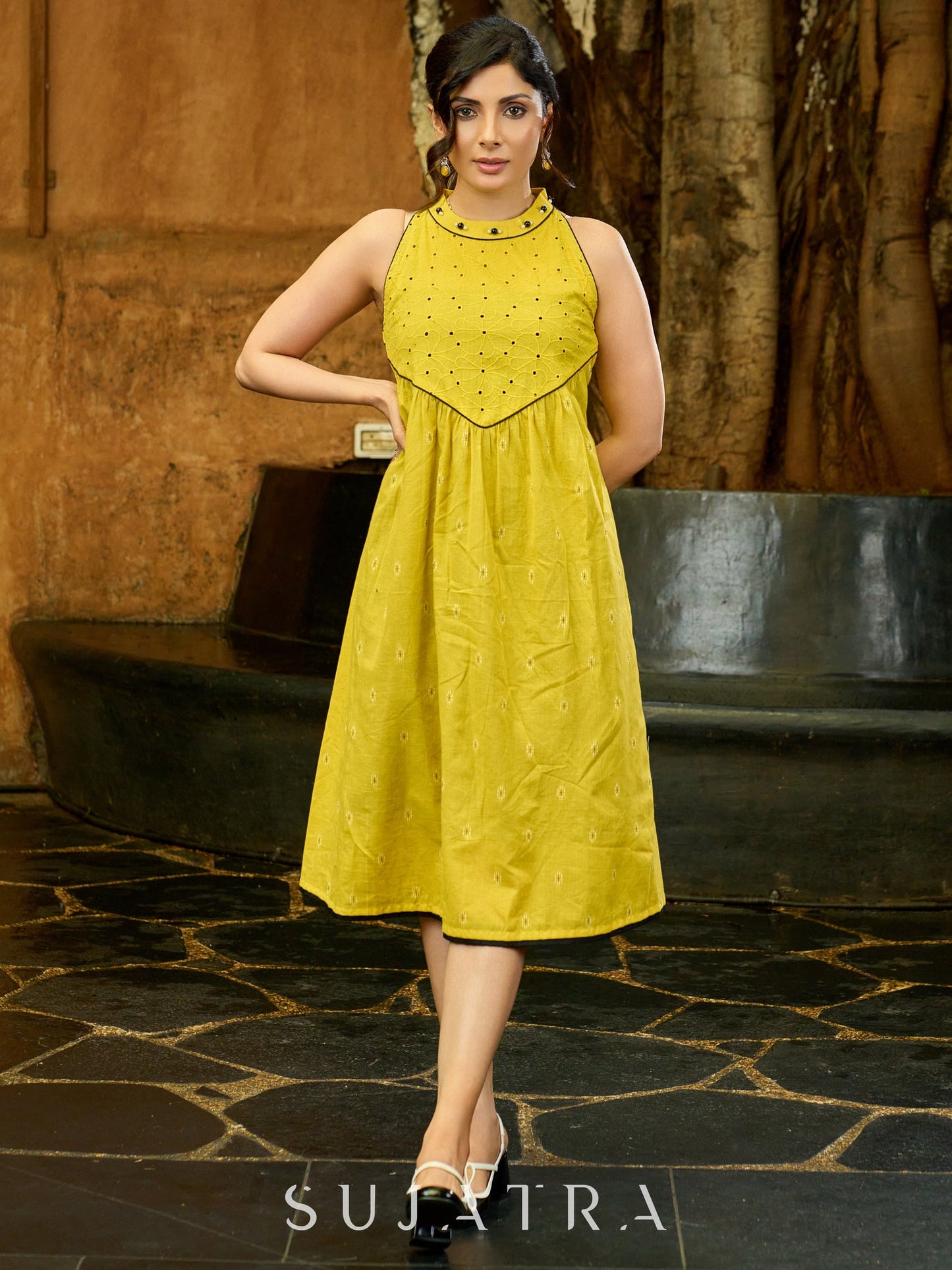 Yellow Jamdani Halter Neck Dress with Hakoba Yoke & Subtle Embellishments