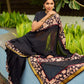 Vibrant Black Georgette Saree with Golden Zari Border & Kalamkari Floral Print Pallu & Border