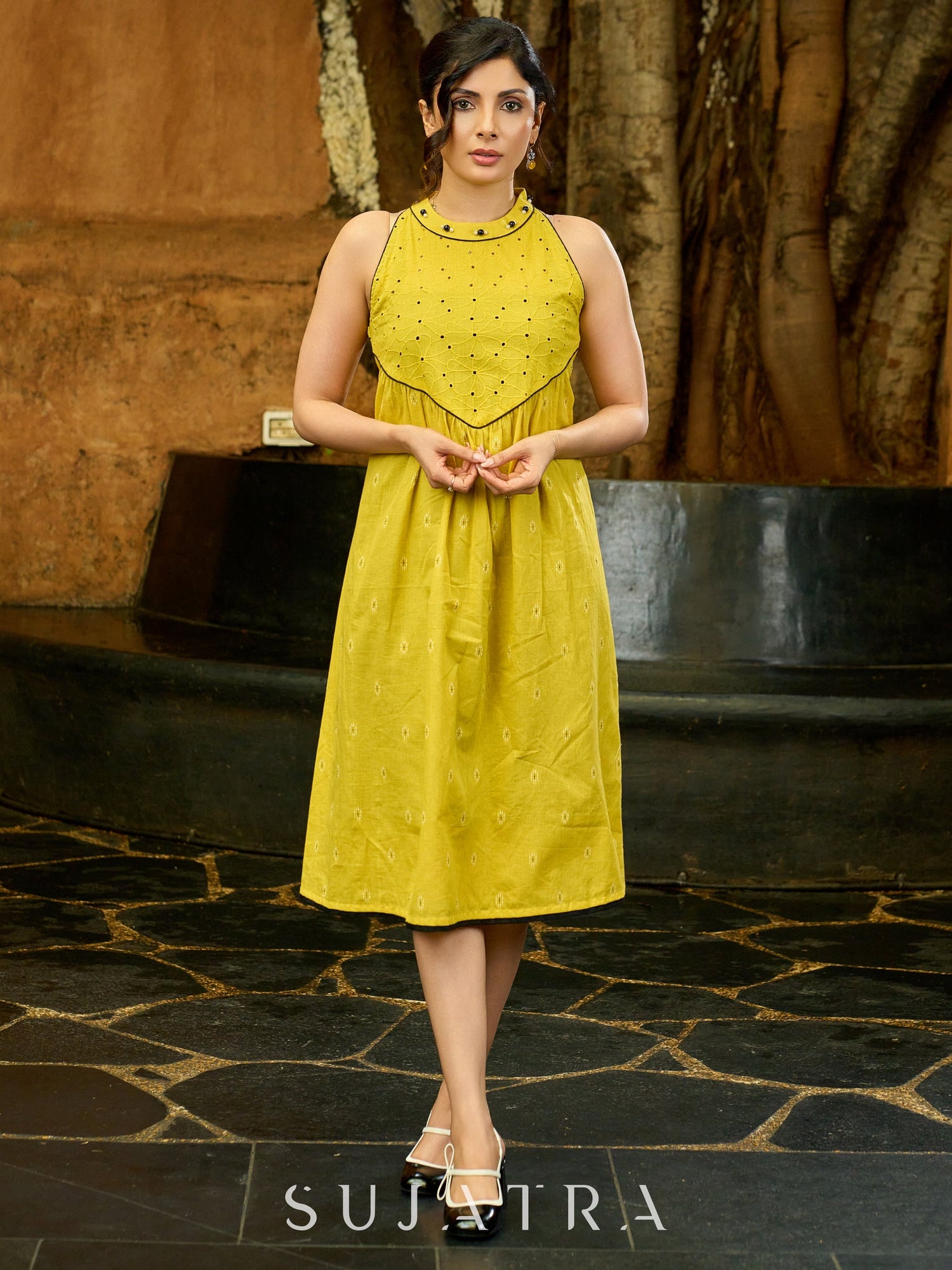 Yellow Jamdani Halter Neck Dress with Hakoba Yoke & Subtle Embellishments