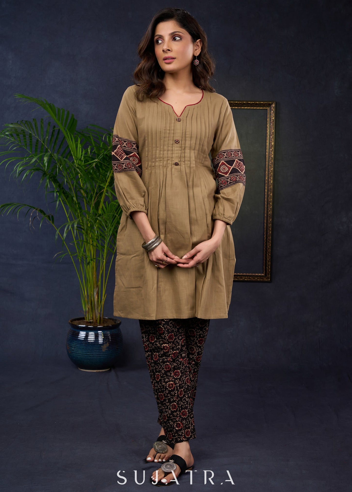 Dark Beige Cotton Tunic With Ajrakh Highlights - Pant Optional
