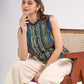 Indigo Halter Neck Cotton Designer Top with Ethnic Stripe Pattern & Mustard Accents