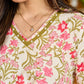 Petal Mist Mul Cotton Flared Top in White with Pearled V Neckline