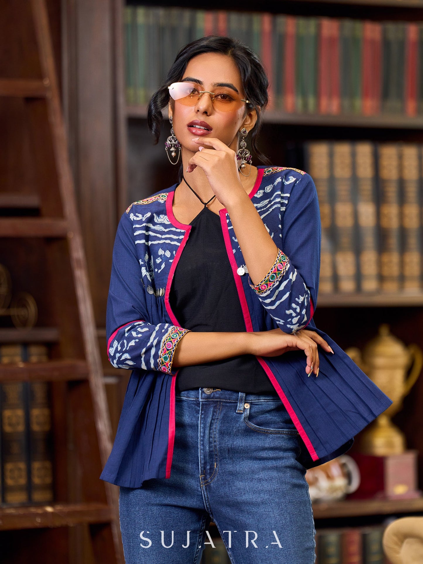 Bohemian Indigo Cotton Jacket Adorned With Pleats, Vibrant Mirror Lace And Pink Accents