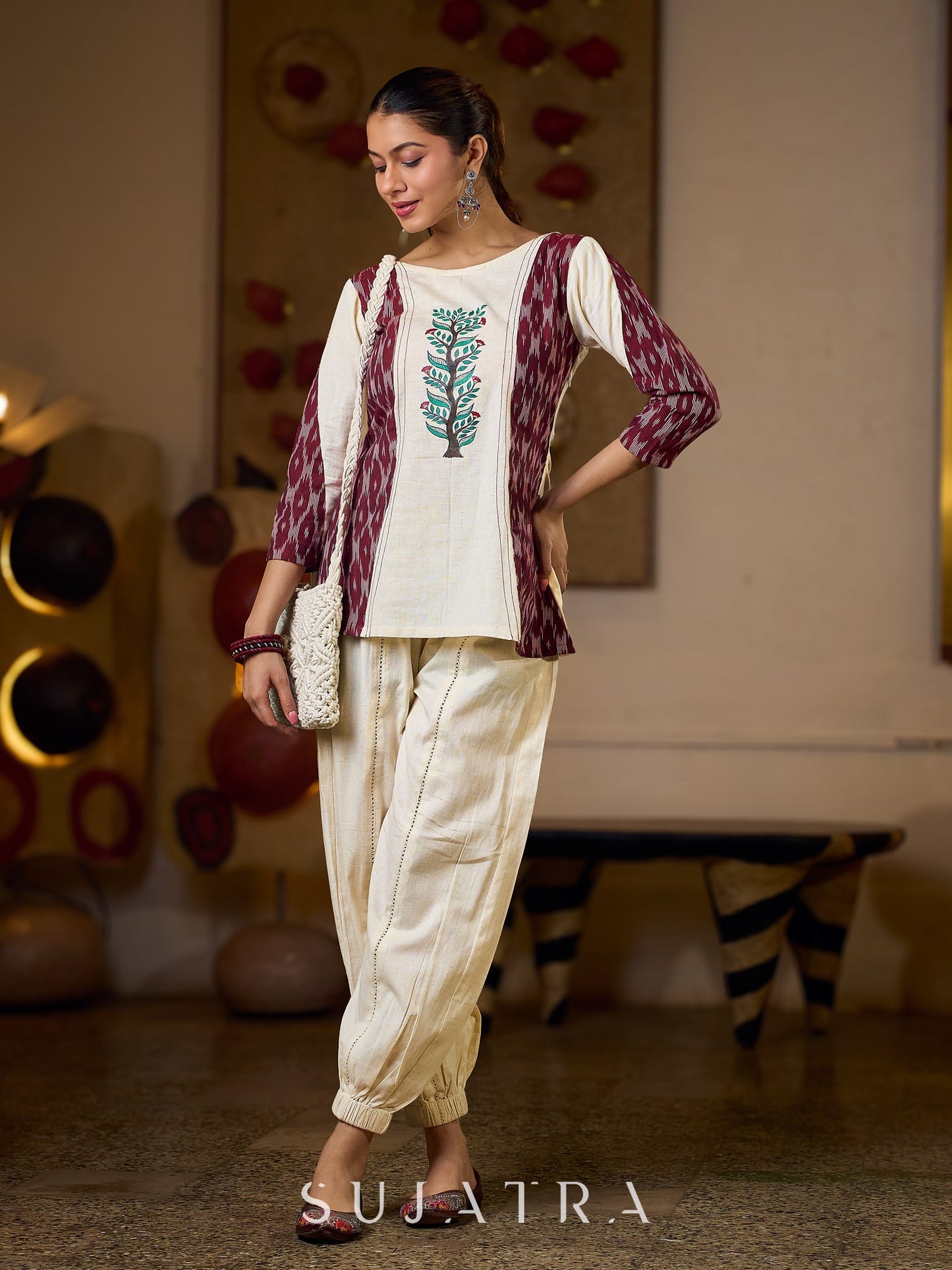 Ivory Cotton Flex Top with Maroon Ikat Panels and Hand Painted Gond Motif
