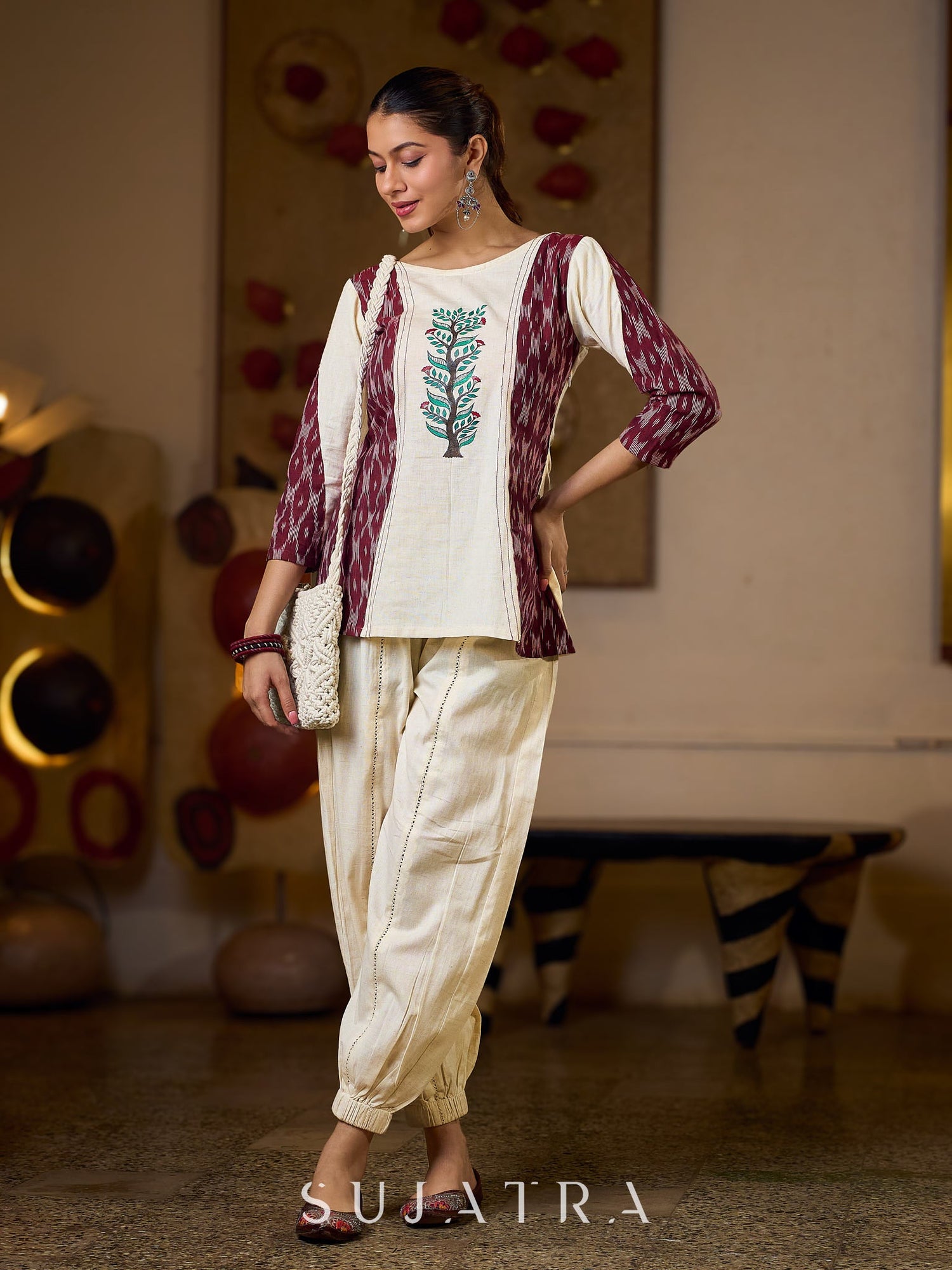 Ivory Cotton Flex Top with Maroon Ikat Panels and Hand Painted Gond Motif