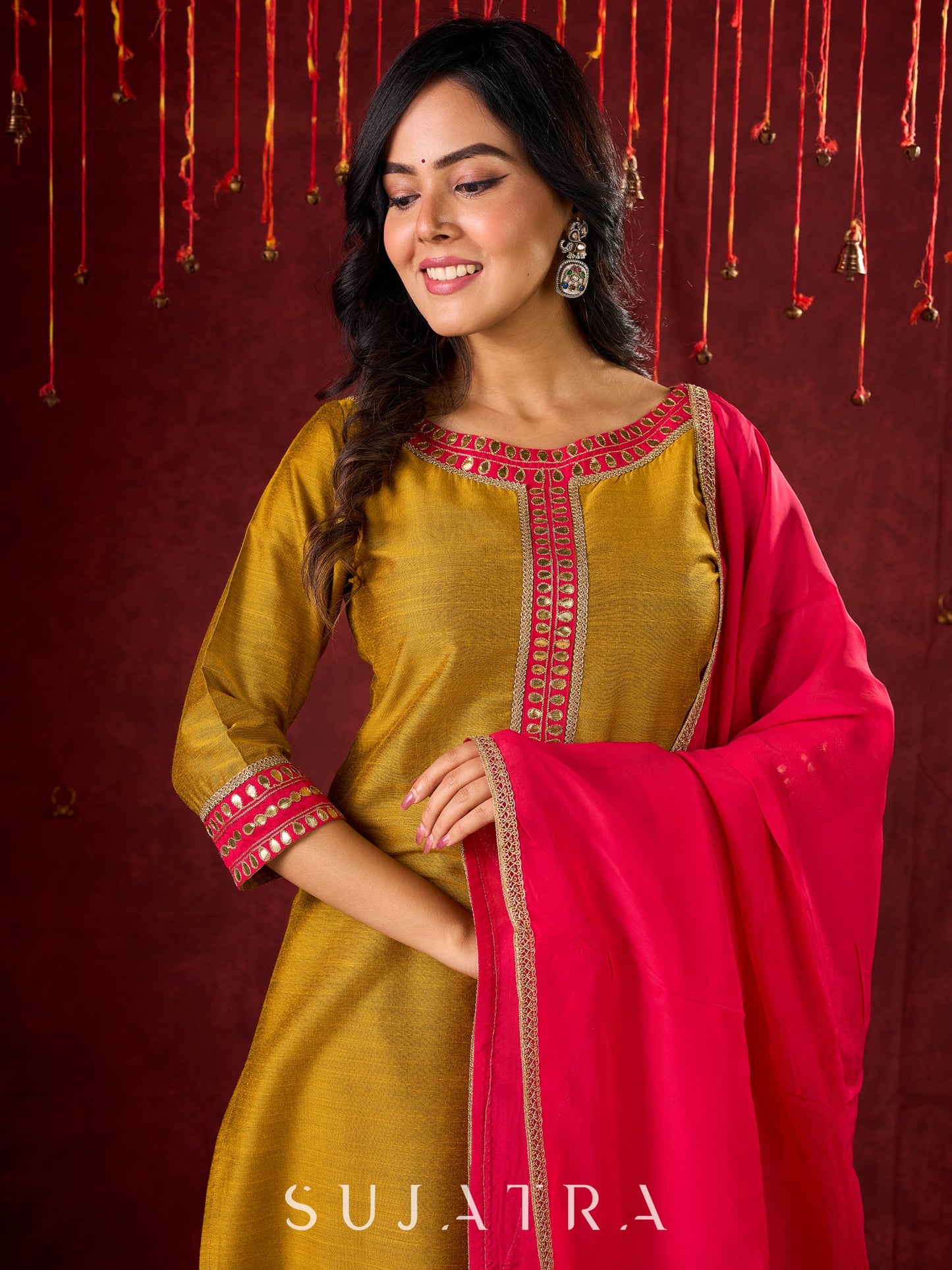 Vibrant Mustard Cotton-Silk Kurta with Pink Highlights & Subtle Gota Patti Work