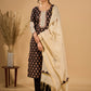 (3 piece Set) Artisan Noir Kurta Set with Intricate Appliqué & Kantha Work Silk Dupatta
