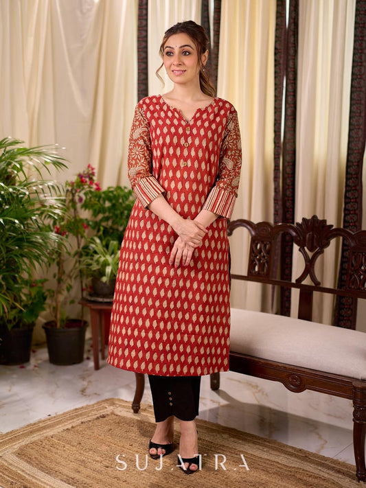 Deep Rust Buti Printed Cotton Straight Kurta with Floral Sleeves and Striped Cuff