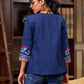 Bohemian Indigo Cotton Jacket Adorned With Pleats, Vibrant Mirror Lace And Pink Accents