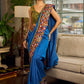 Handcrafted Blue Cotton Saree with Gond Painting & Multicolor Ikat & Kalamkari Border