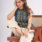 Indigo Halter Neck Cotton Designer Top with Ethnic Stripe Pattern & Mustard Accents