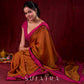 Autumn Rust Mul Cotton Saree with Pink Striped Border, Delicate Black Detailing & Tassel Highlights