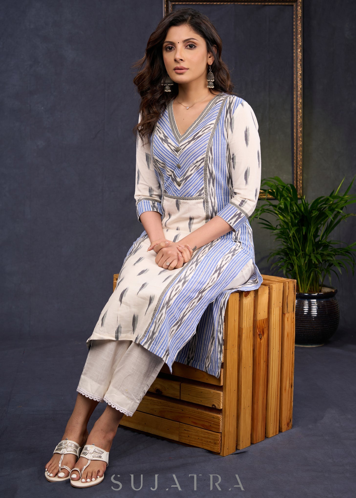 Simple-Blue-&-Grey-Cotton-Ikat-Combination-Kurta--Pant-Optional