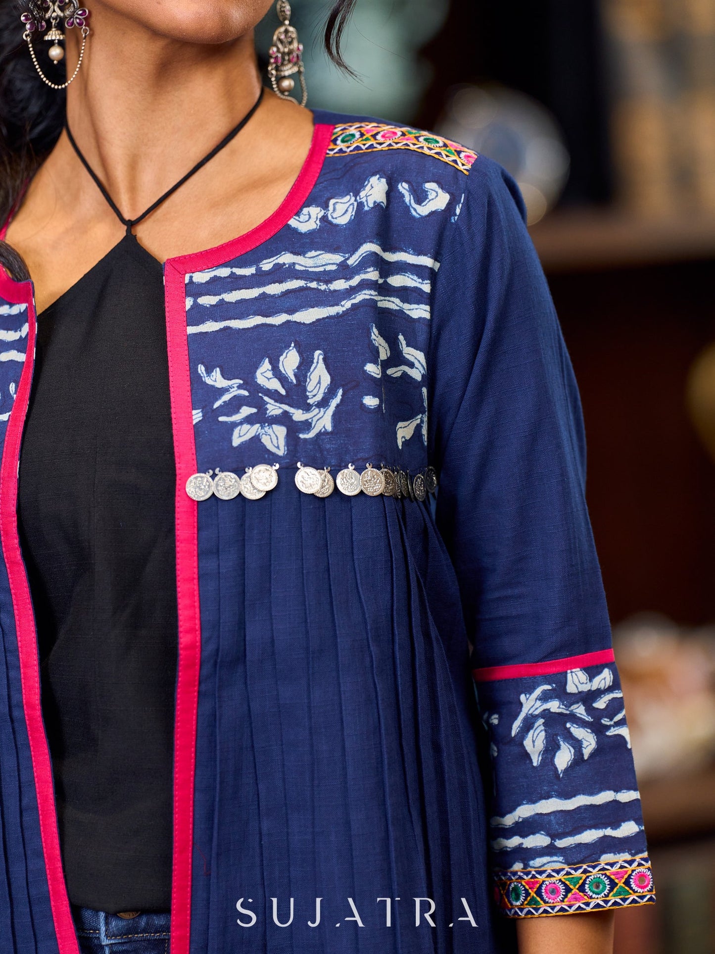 Bohemian Indigo Cotton Jacket Adorned With Pleats, Vibrant Mirror Lace And Pink Accents
