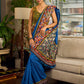 Handcrafted Blue Cotton Saree with Gond Painting & Multicolor Ikat & Kalamkari Border